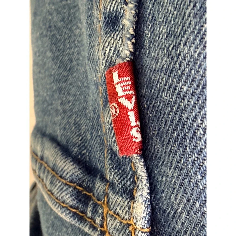 Levis Premium Big E Straight Leg Jeans Medium Wash Blue Denim Mens stained